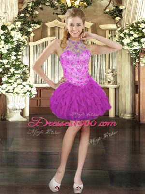 Ball Gowns Prom Gown Fuchsia Halter Top Tulle Sleeveless Mini Length Lace Up