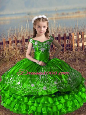 Green Lace Up Little Girl Pageant Dress Embroidery and Ruffled Layers Sleeveless Floor Length