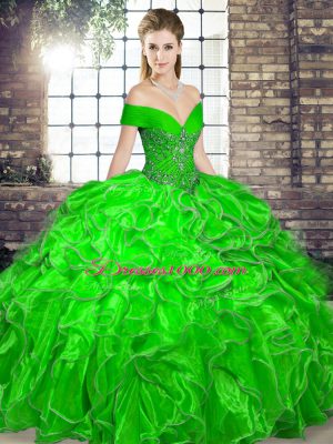 Green Ball Gowns Off The Shoulder Sleeveless Organza Floor Length Lace Up Beading and Ruffles Quinceanera Gowns