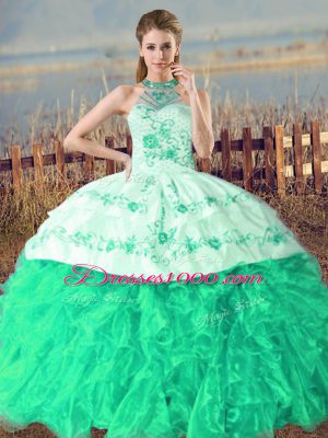 Sexy Turquoise Lace Up Quinceanera Gown Embroidery and Ruffles Sleeveless Court Train