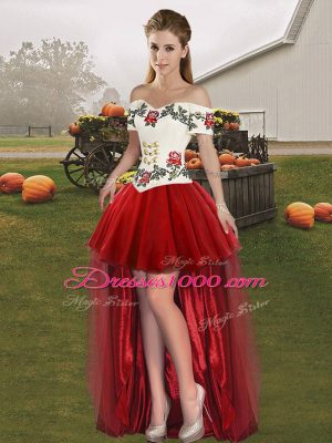 Modern Wine Red Off The Shoulder Lace Up Embroidery Pageant Dress for Teens Sleeveless