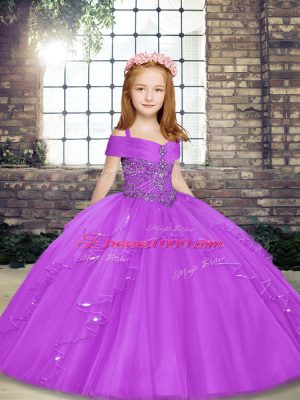 Straps Sleeveless Little Girls Pageant Dress Wholesale Floor Length Beading Lilac Tulle