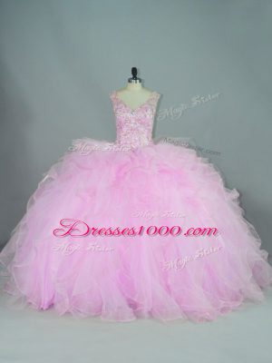 Tulle V-neck Sleeveless Brush Train Lace Up Beading and Ruffles Quinceanera Dress in Lilac