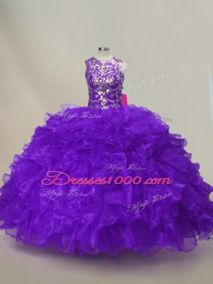 On Sale Organza Scoop Sleeveless Lace Up Ruffles and Sequins Quince Ball Gowns in Purple