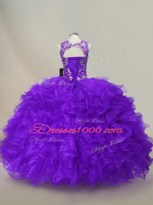 On Sale Organza Scoop Sleeveless Lace Up Ruffles and Sequins Quince Ball Gowns in Purple