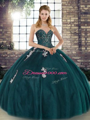 Edgy Peacock Green Ball Gowns Sweetheart Sleeveless Tulle Floor Length Lace Up Beading and Appliques Quinceanera Gown