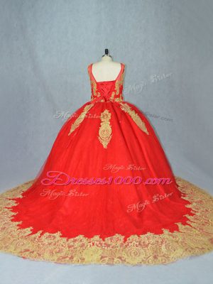 Red Scoop Lace Up Appliques Sweet 16 Dresses Court Train Sleeveless