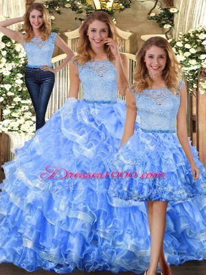 Sleeveless Organza Floor Length Zipper Sweet 16 Dress in Light Blue with Lace and Ruffled Layers