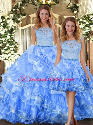 Sleeveless Organza Floor Length Zipper Sweet 16 Dress in Light Blue with Lace and Ruffled Layers