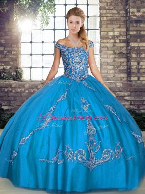 Romantic Blue Tulle Lace Up Quince Ball Gowns Sleeveless Floor Length Beading and Embroidery