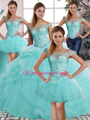 Fitting Sleeveless Floor Length Beading and Ruffles Lace Up Quinceanera Dresses with Aqua Blue