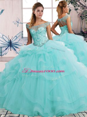 Fitting Sleeveless Floor Length Beading and Ruffles Lace Up Quinceanera Dresses with Aqua Blue