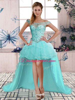 Fitting Sleeveless Floor Length Beading and Ruffles Lace Up Quinceanera Dresses with Aqua Blue