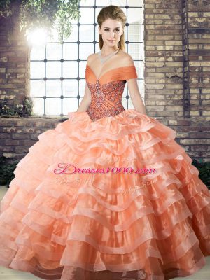 Luxurious Peach Sleeveless Organza Brush Train Lace Up 15 Quinceanera Dress for Military Ball and Sweet 16 and Quinceanera