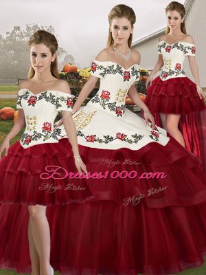 New Style Wine Red Off The Shoulder Lace Up Embroidery and Ruffled Layers Quince Ball Gowns Brush Train Sleeveless