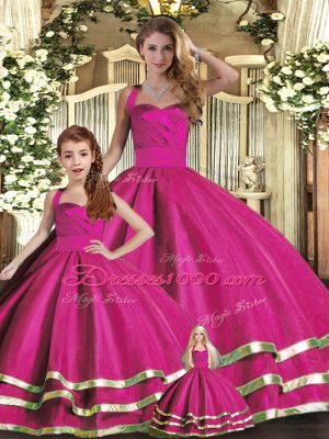 Floor Length Lace Up Quinceanera Gowns Fuchsia for Military Ball and Sweet 16 and Quinceanera with Ruffled Layers