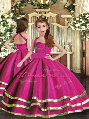 Floor Length Lace Up Quinceanera Gowns Fuchsia for Military Ball and Sweet 16 and Quinceanera with Ruffled Layers