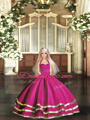 Floor Length Lace Up Quinceanera Gowns Fuchsia for Military Ball and Sweet 16 and Quinceanera with Ruffled Layers