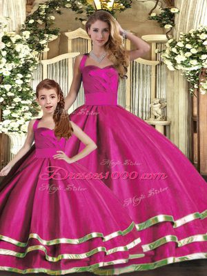 Floor Length Lace Up Quinceanera Gowns Fuchsia for Military Ball and Sweet 16 and Quinceanera with Ruffled Layers