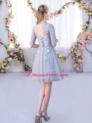 Luxury Grey High-neck Lace Up Lace Wedding Party Dress Half Sleeves
