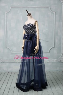 Glorious Navy Blue Prom Dresses Prom and Party with Beading and Bowknot Sweetheart Sleeveless Lace Up