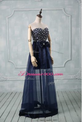 Glorious Navy Blue Prom Dresses Prom and Party with Beading and Bowknot Sweetheart Sleeveless Lace Up