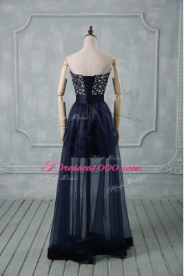 Glorious Navy Blue Prom Dresses Prom and Party with Beading and Bowknot Sweetheart Sleeveless Lace Up