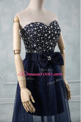 Glorious Navy Blue Prom Dresses Prom and Party with Beading and Bowknot Sweetheart Sleeveless Lace Up