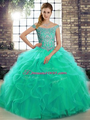 Off The Shoulder Sleeveless Quinceanera Gowns Brush Train Beading and Ruffles Turquoise Tulle