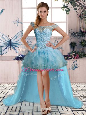 Sleeveless Organza High Low Lace Up Pageant Gowns in Light Blue with Beading and Ruffles