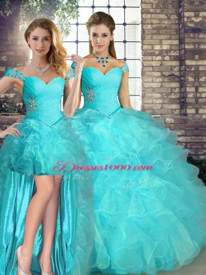 Hot Selling Aqua Blue Organza Lace Up Off The Shoulder Sleeveless Floor Length Quinceanera Dresses Beading and Ruffles