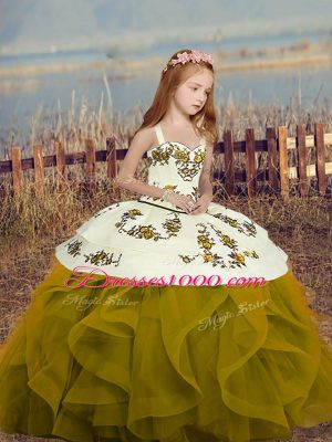 Olive Green Lace Up Kids Pageant Dress Embroidery and Ruffles Sleeveless Floor Length