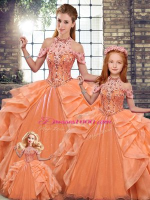 Beauteous Orange Lace Up 15 Quinceanera Dress Beading and Ruffles Sleeveless Floor Length
