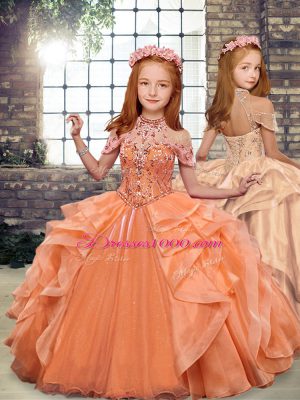 Beauteous Orange Lace Up 15 Quinceanera Dress Beading and Ruffles Sleeveless Floor Length