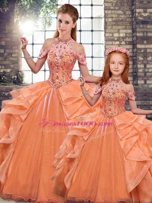 Beauteous Orange Lace Up 15 Quinceanera Dress Beading and Ruffles Sleeveless Floor Length