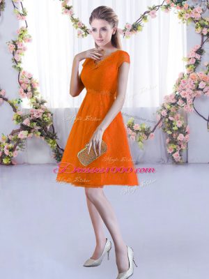 Graceful V-neck Cap Sleeves Bridesmaids Dress Mini Length Lace Orange Red Lace