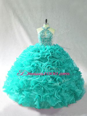 Halter Top Sleeveless Organza Sweet 16 Quinceanera Dress Beading and Ruffles Brush Train Lace Up