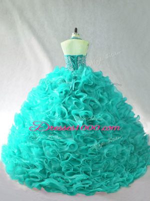 Halter Top Sleeveless Organza Sweet 16 Quinceanera Dress Beading and Ruffles Brush Train Lace Up