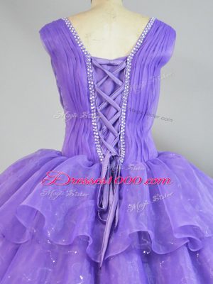 Top Selling Floor Length Lace Up 15 Quinceanera Dress Lavender for Sweet 16 and Quinceanera with Beading and Ruffled Layers