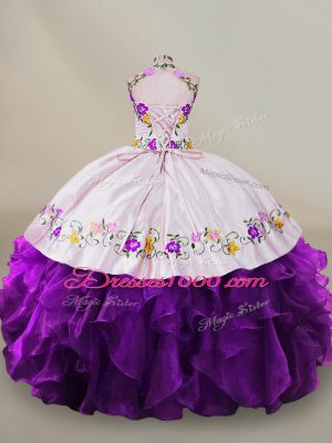 Deluxe Floor Length White And Purple Sweet 16 Dress Organza Sleeveless Embroidery