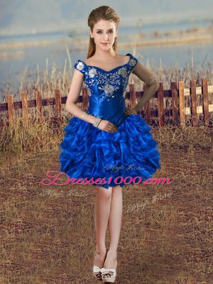Knee Length Royal Blue Homecoming Dress Online Organza Sleeveless Embroidery and Ruffles