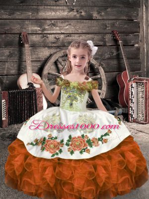 Orange Red Off The Shoulder Neckline Beading and Embroidery and Ruffles Kids Pageant Dress Sleeveless Lace Up
