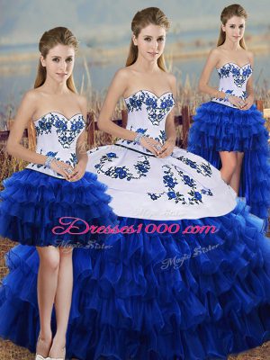 Simple Sweetheart Sleeveless Vestidos de Quinceanera Floor Length Embroidery and Ruffled Layers and Bowknot Royal Blue Organza