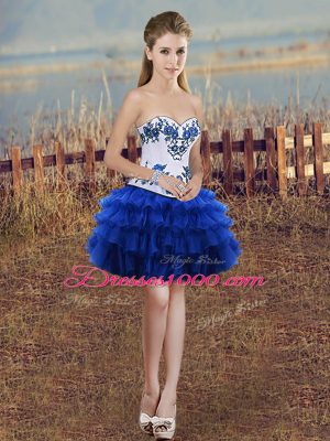 Simple Sweetheart Sleeveless Vestidos de Quinceanera Floor Length Embroidery and Ruffled Layers and Bowknot Royal Blue Organza