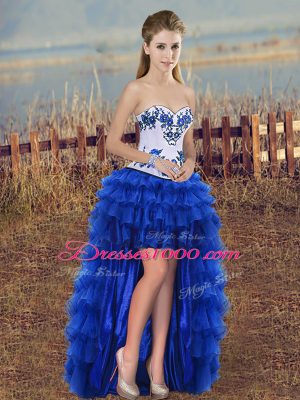 Simple Sweetheart Sleeveless Vestidos de Quinceanera Floor Length Embroidery and Ruffled Layers and Bowknot Royal Blue Organza