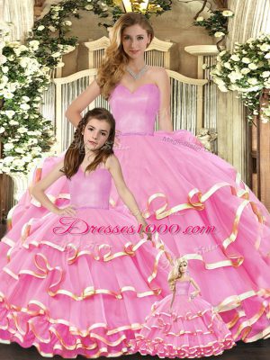 Enchanting Rose Pink Sweetheart Neckline Ruffled Layers Sweet 16 Quinceanera Dress Sleeveless Lace Up