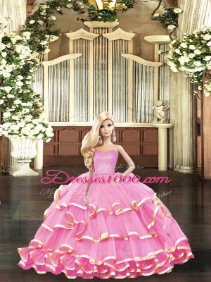 Enchanting Rose Pink Sweetheart Neckline Ruffled Layers Sweet 16 Quinceanera Dress Sleeveless Lace Up