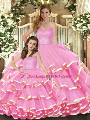 Enchanting Rose Pink Sweetheart Neckline Ruffled Layers Sweet 16 Quinceanera Dress Sleeveless Lace Up