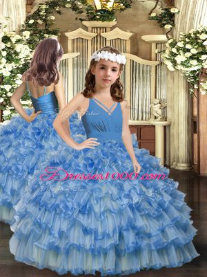 Extravagant Blue V-neck Neckline Ruffled Layers and Ruching Quince Ball Gowns Sleeveless Backless