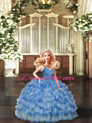 Extravagant Blue V-neck Neckline Ruffled Layers and Ruching Quince Ball Gowns Sleeveless Backless